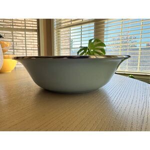 Steel metal light blue serving bowl silver trim mixing fruit serving country kit